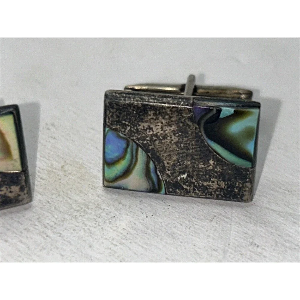 Vintage Sterling Silver .925 Cufflinks Abalone Rectangle Mexico
